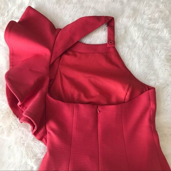 C\MEO Collective Red One Shoulder Fitted Midi Dress Thigh Slit Cocktail XS New - Picture 7 of 16